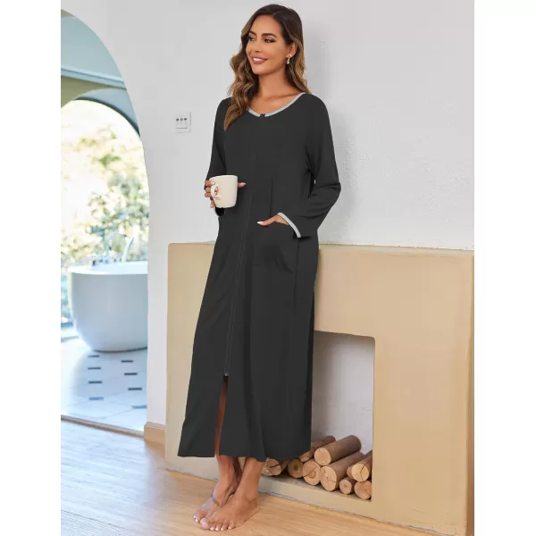 imageEkouaer Women Long House Coat Zipper Front Robes Full Length Nightgowns with Pockets Striped Loungewear S4XLBlack