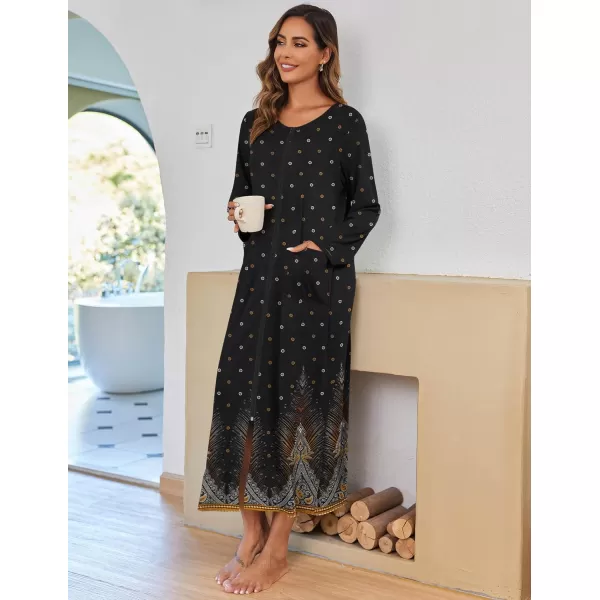 imageEkouaer Women Long House Coat Zipper Front Robes Full Length Nightgowns with Pockets Striped Loungewear S4XLBlack Feather