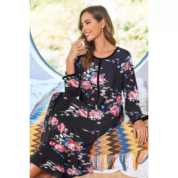 imageEkouaer Women Long House Coat Zipper Front Robes Full Length Nightgowns with Pockets Striped Loungewear S4XLBlack Floral