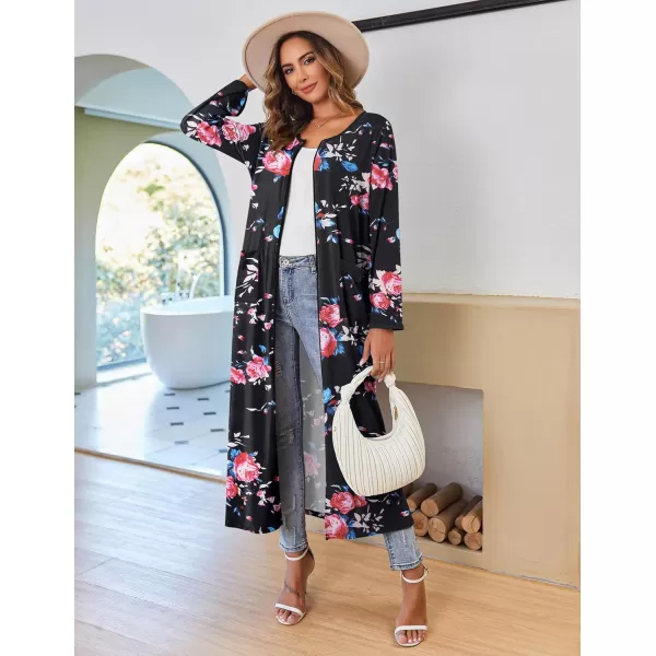 imageEkouaer Women Long House Coat Zipper Front Robes Full Length Nightgowns with Pockets Striped Loungewear S4XLBlack Floral