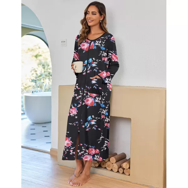 imageEkouaer Women Long House Coat Zipper Front Robes Full Length Nightgowns with Pockets Striped Loungewear S4XLBlack Floral