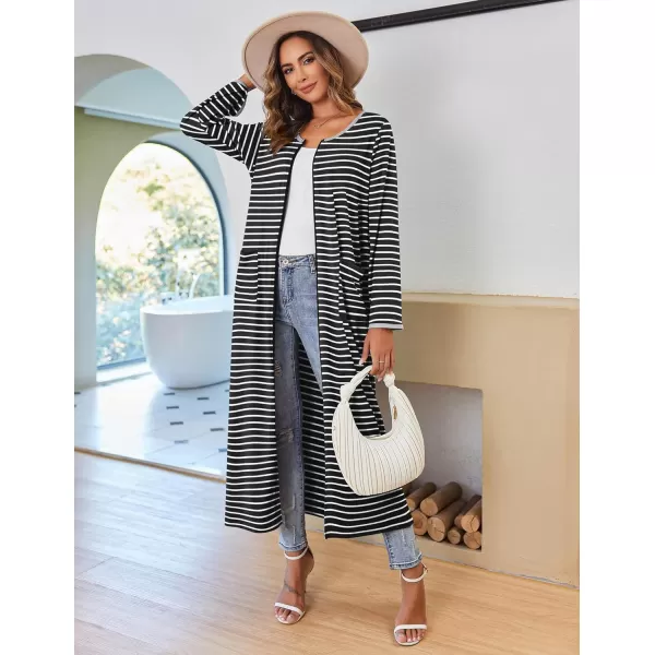 imageEkouaer Women Long House Coat Zipper Front Robes Full Length Nightgowns with Pockets Striped Loungewear S4XLBlack Stripes