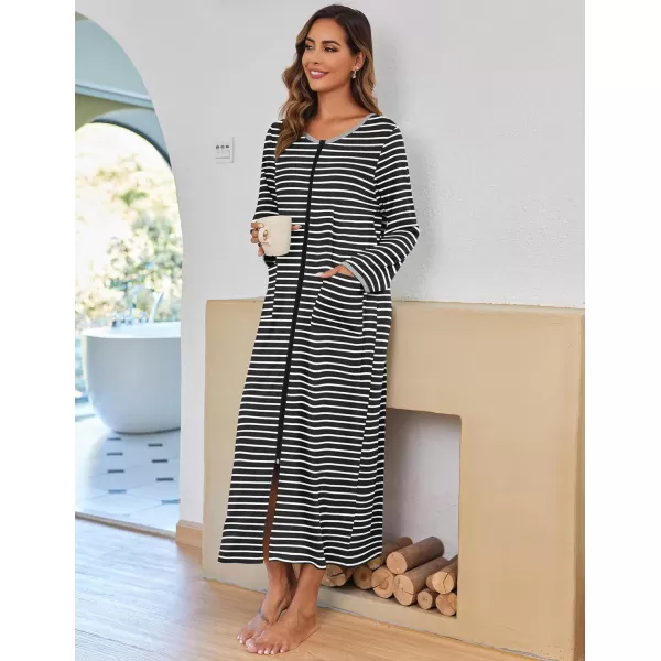 imageEkouaer Women Long House Coat Zipper Front Robes Full Length Nightgowns with Pockets Striped Loungewear S4XLBlack Stripes