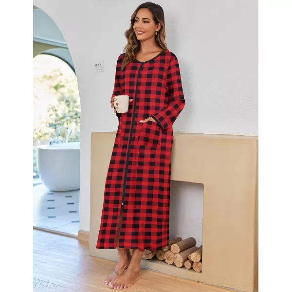 imageEkouaer Women Long House Coat Zipper Front Robes Full Length Nightgowns with Pockets Striped Loungewear S4XLBlack and Red Plaid