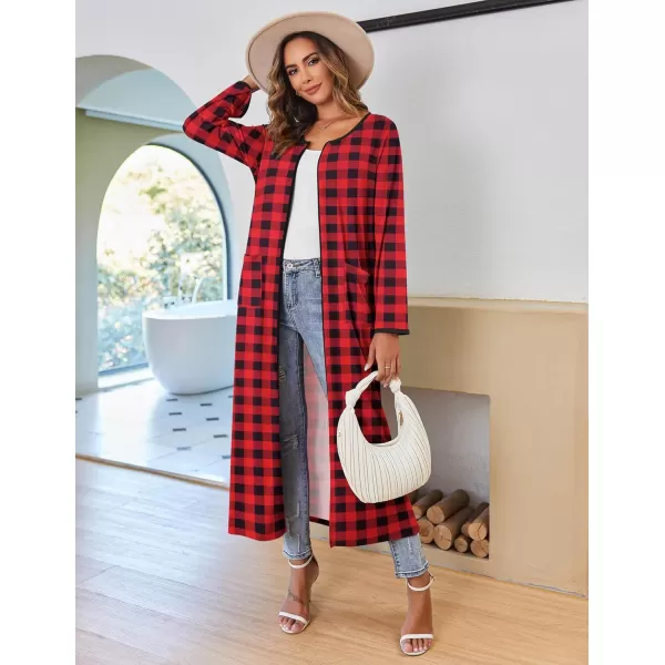 imageEkouaer Women Long House Coat Zipper Front Robes Full Length Nightgowns with Pockets Striped Loungewear S4XLBlack and Red Plaid