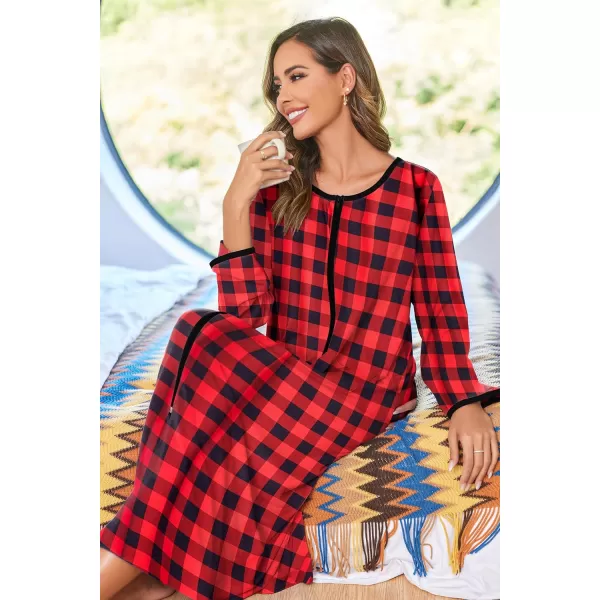 imageEkouaer Women Long House Coat Zipper Front Robes Full Length Nightgowns with Pockets Striped Loungewear S4XLBlack and Red Plaid