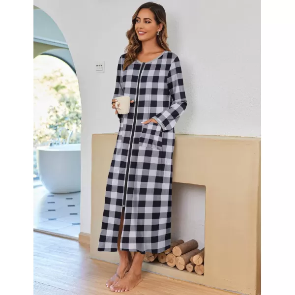 imageEkouaer Women Long House Coat Zipper Front Robes Full Length Nightgowns with Pockets Striped Loungewear S4XLBlack and White Plaid