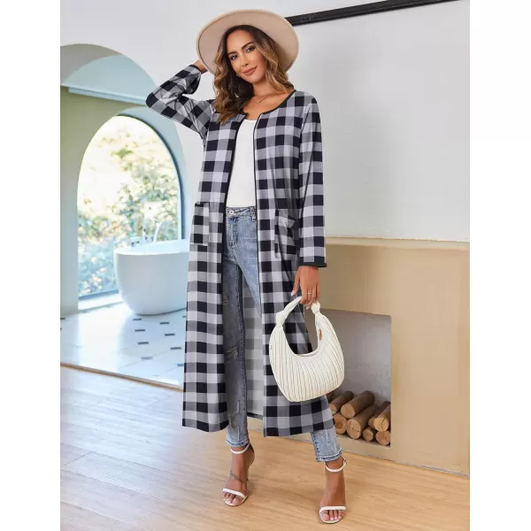 imageEkouaer Women Long House Coat Zipper Front Robes Full Length Nightgowns with Pockets Striped Loungewear S4XLBlack and White Plaid