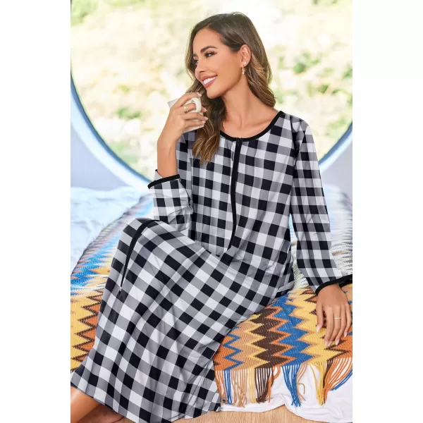 imageEkouaer Women Long House Coat Zipper Front Robes Full Length Nightgowns with Pockets Striped Loungewear S4XLBlack and White Plaid