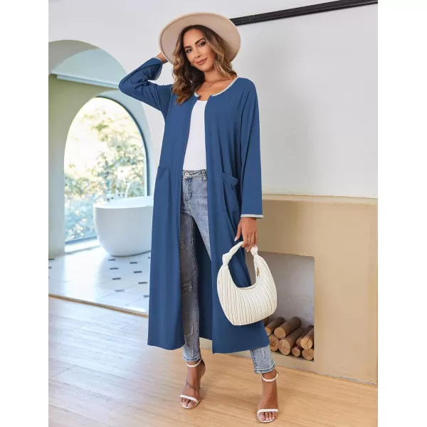 imageEkouaer Women Long House Coat Zipper Front Robes Full Length Nightgowns with Pockets Striped Loungewear S4XLBlue