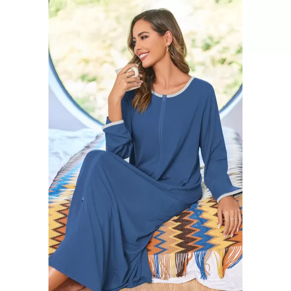 imageEkouaer Women Long House Coat Zipper Front Robes Full Length Nightgowns with Pockets Striped Loungewear S4XLBlue