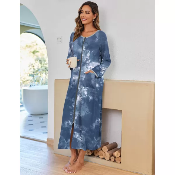 imageEkouaer Women Long House Coat Zipper Front Robes Full Length Nightgowns with Pockets Striped Loungewear S4XLBlue Tie Dye