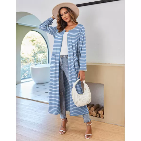 imageEkouaer Women Long House Coat Zipper Front Robes Full Length Nightgowns with Pockets Striped Loungewear S4XLBlue and White Stripes