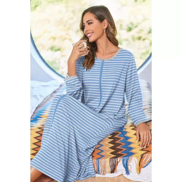 imageEkouaer Women Long House Coat Zipper Front Robes Full Length Nightgowns with Pockets Striped Loungewear S4XLBlue and White Stripes