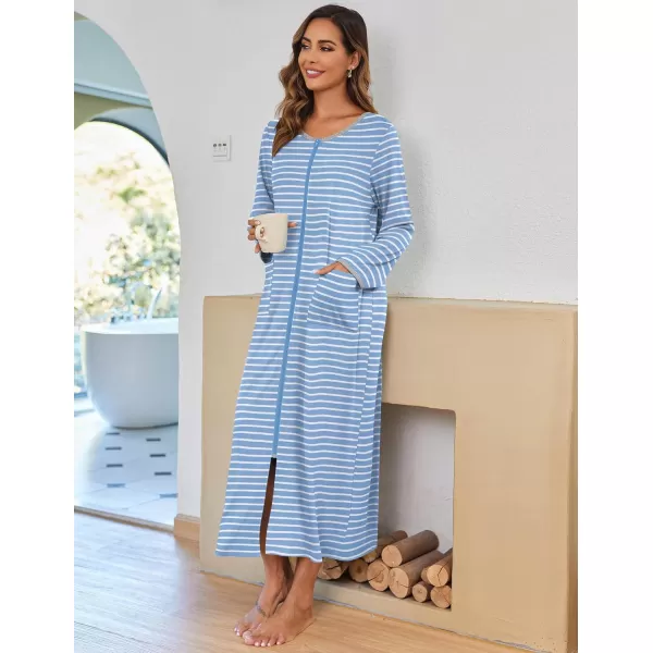imageEkouaer Women Long House Coat Zipper Front Robes Full Length Nightgowns with Pockets Striped Loungewear S4XLBlue and White Stripes