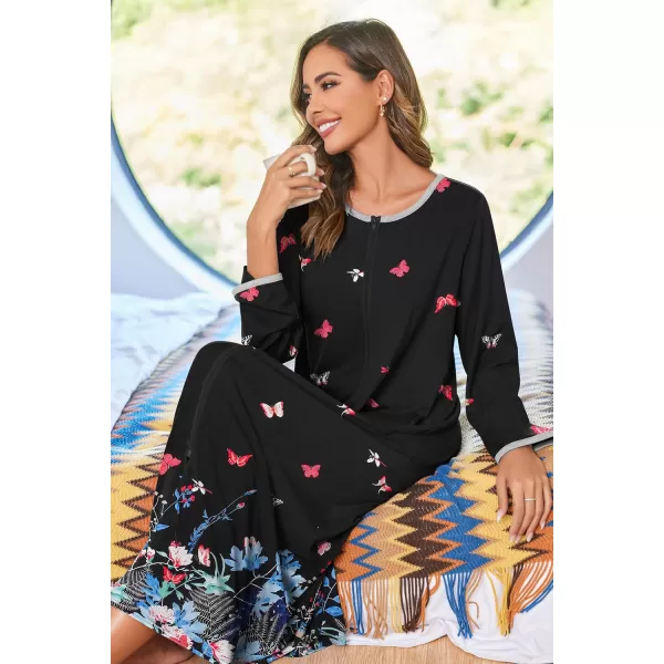 imageEkouaer Women Long House Coat Zipper Front Robes Full Length Nightgowns with Pockets Striped Loungewear S4XLColorful Butterfly