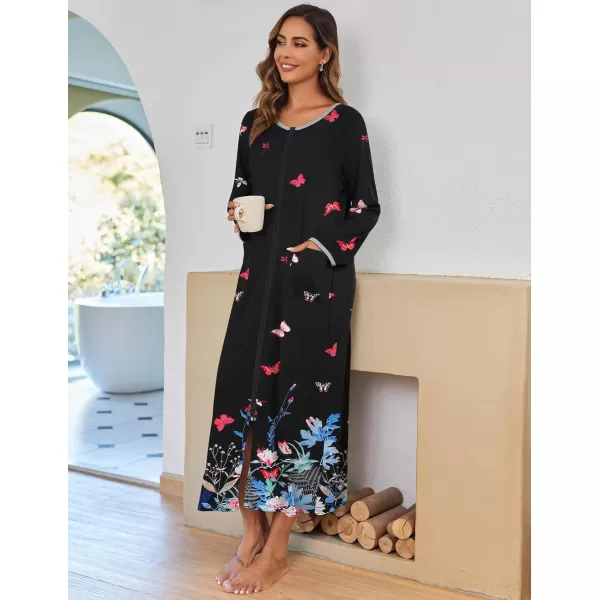imageEkouaer Women Long House Coat Zipper Front Robes Full Length Nightgowns with Pockets Striped Loungewear S4XLColorful Butterfly