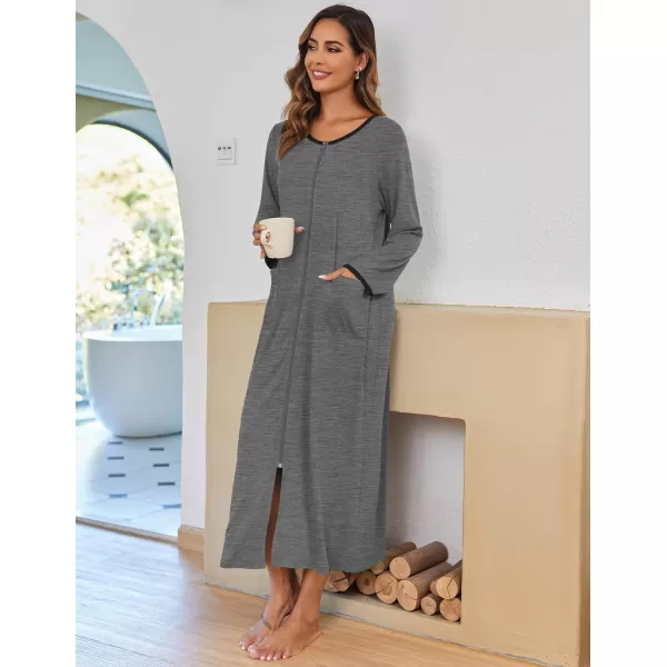 imageEkouaer Women Long House Coat Zipper Front Robes Full Length Nightgowns with Pockets Striped Loungewear S4XLDark Grey