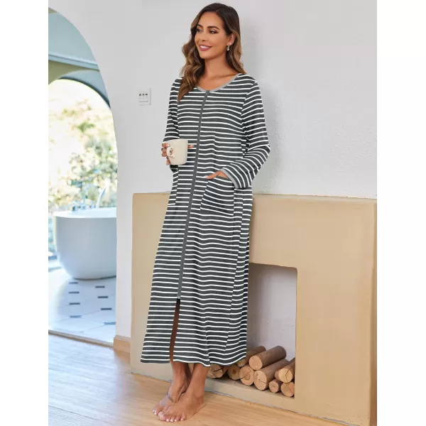 imageEkouaer Women Long House Coat Zipper Front Robes Full Length Nightgowns with Pockets Striped Loungewear S4XLDark Grey Stripes