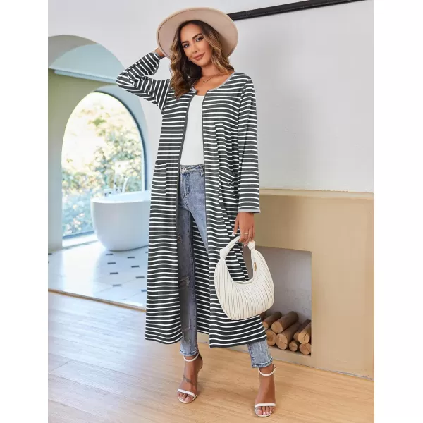 imageEkouaer Women Long House Coat Zipper Front Robes Full Length Nightgowns with Pockets Striped Loungewear S4XLDark Grey Stripes