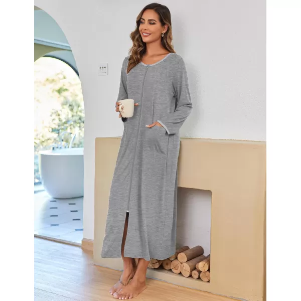 imageEkouaer Women Long House Coat Zipper Front Robes Full Length Nightgowns with Pockets Striped Loungewear S4XLLight Grey