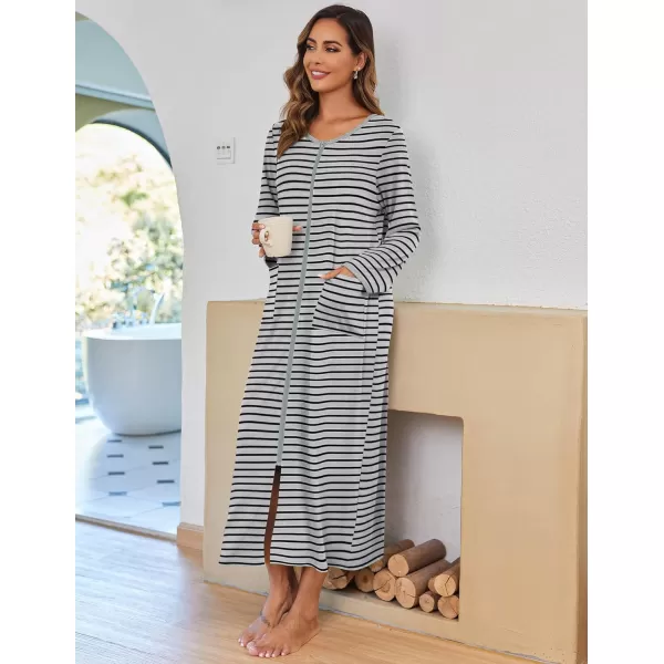 imageEkouaer Women Long House Coat Zipper Front Robes Full Length Nightgowns with Pockets Striped Loungewear S4XLLight Grey Stripes