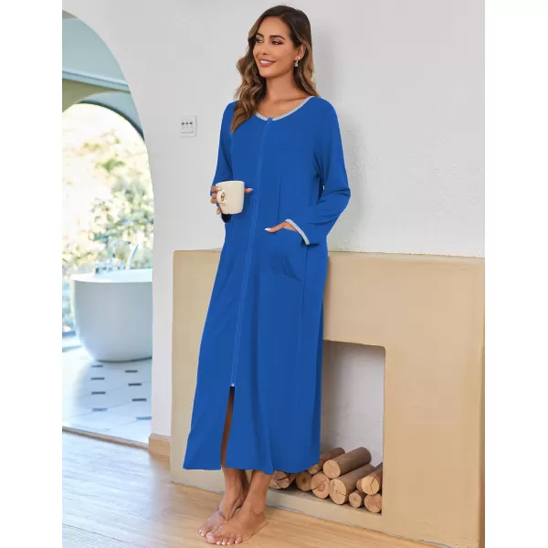 imageEkouaer Women Long House Coat Zipper Front Robes Full Length Nightgowns with Pockets Striped Loungewear S4XLNavy