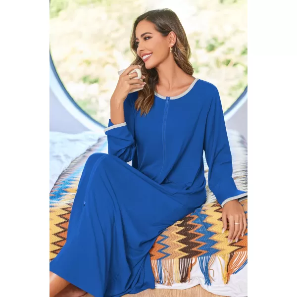 imageEkouaer Women Long House Coat Zipper Front Robes Full Length Nightgowns with Pockets Striped Loungewear S4XLNavy