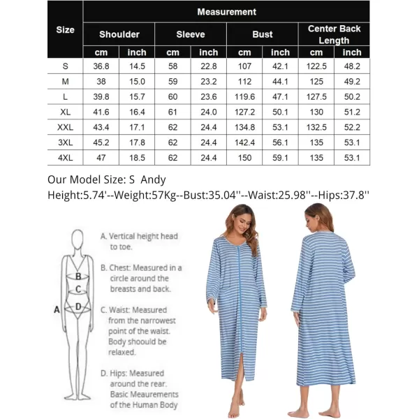 imageEkouaer Women Long House Coat Zipper Front Robes Full Length Nightgowns with Pockets Striped Loungewear S4XLNavy