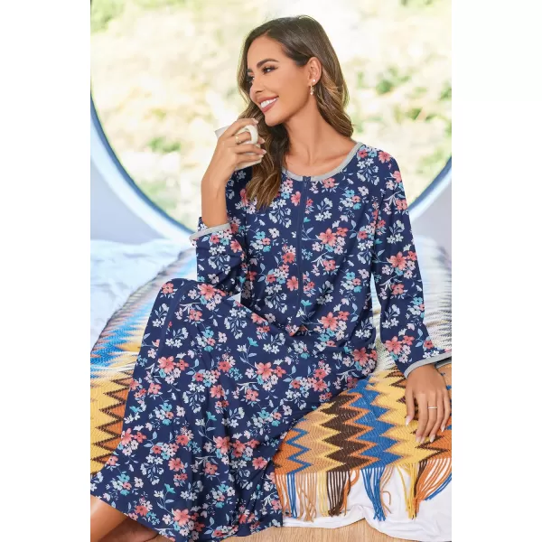 imageEkouaer Women Long House Coat Zipper Front Robes Full Length Nightgowns with Pockets Striped Loungewear S4XLNavy Blue Floral