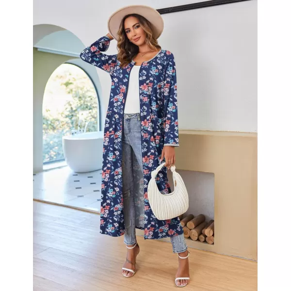 imageEkouaer Women Long House Coat Zipper Front Robes Full Length Nightgowns with Pockets Striped Loungewear S4XLNavy Blue Floral