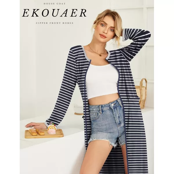 imageEkouaer Women Long House Coat Zipper Front Robes Full Length Nightgowns with Pockets Striped Loungewear S4XLNavy Blue Stripes