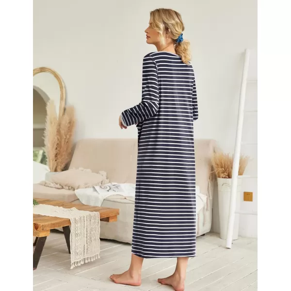 imageEkouaer Women Long House Coat Zipper Front Robes Full Length Nightgowns with Pockets Striped Loungewear S4XLNavy Blue Stripes