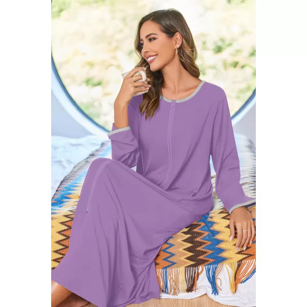 imageEkouaer Women Long House Coat Zipper Front Robes Full Length Nightgowns with Pockets Striped Loungewear S4XLPurple