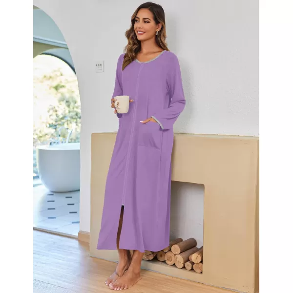 imageEkouaer Women Long House Coat Zipper Front Robes Full Length Nightgowns with Pockets Striped Loungewear S4XLPurple