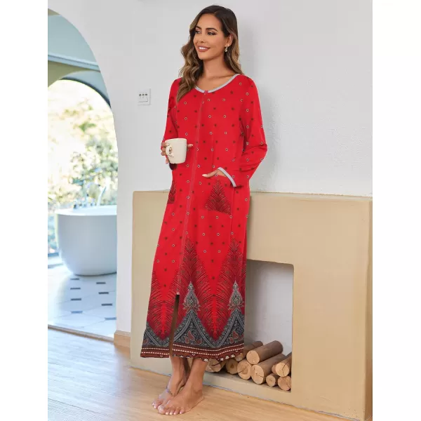 imageEkouaer Women Long House Coat Zipper Front Robes Full Length Nightgowns with Pockets Striped Loungewear S4XLRed Feather