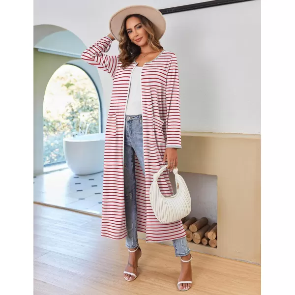 imageEkouaer Women Long House Coat Zipper Front Robes Full Length Nightgowns with Pockets Striped Loungewear S4XLRed and White Stripes