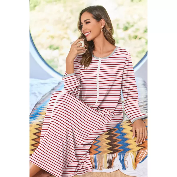 imageEkouaer Women Long House Coat Zipper Front Robes Full Length Nightgowns with Pockets Striped Loungewear S4XLRed and White Stripes