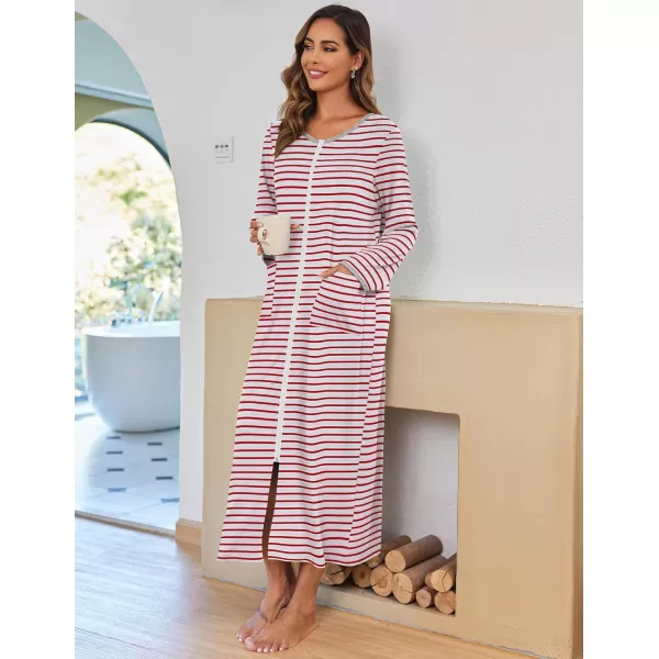 imageEkouaer Women Long House Coat Zipper Front Robes Full Length Nightgowns with Pockets Striped Loungewear S4XLRed and White Stripes