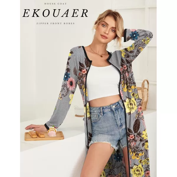 imageEkouaer Women Long House Coat Zipper Front Robes Full Length Nightgowns with Pockets Striped Loungewear S4XLStriped Floral