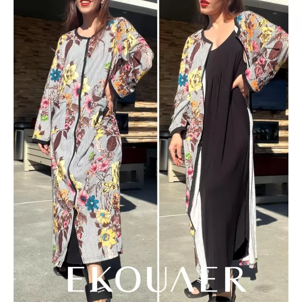 imageEkouaer Women Long House Coat Zipper Front Robes Full Length Nightgowns with Pockets Striped Loungewear S4XLStriped Floral