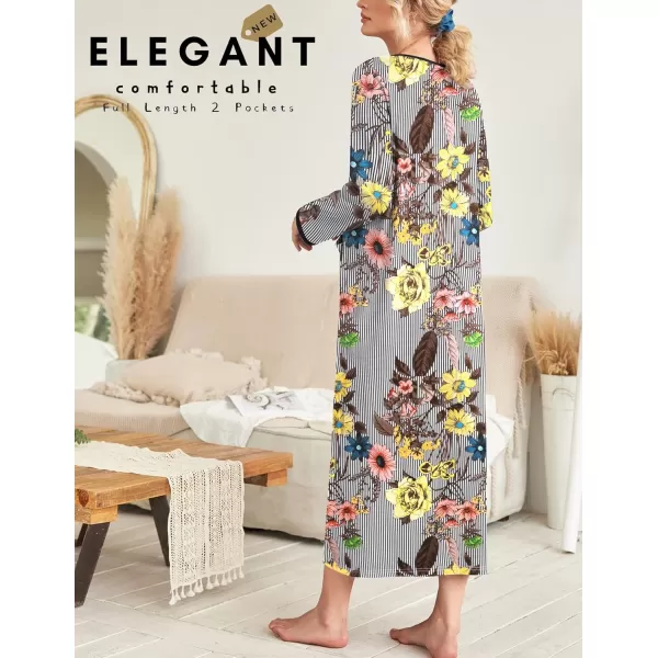 imageEkouaer Women Long House Coat Zipper Front Robes Full Length Nightgowns with Pockets Striped Loungewear S4XLStriped Floral