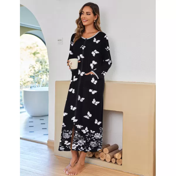 imageEkouaer Women Long House Coat Zipper Front Robes Full Length Nightgowns with Pockets Striped Loungewear S4XLWhite Butterfly