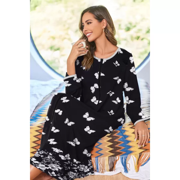 imageEkouaer Women Long House Coat Zipper Front Robes Full Length Nightgowns with Pockets Striped Loungewear S4XLWhite Butterfly