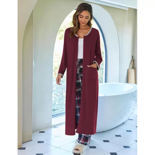 imageEkouaer Women Long House Coat Zipper Front Robes Full Length Nightgowns with Pockets Striped Loungewear S4XLWine Red