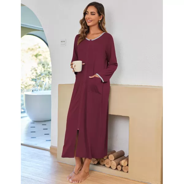 imageEkouaer Women Long House Coat Zipper Front Robes Full Length Nightgowns with Pockets Striped Loungewear S4XLWine Red