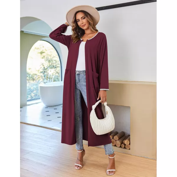 imageEkouaer Women Long House Coat Zipper Front Robes Full Length Nightgowns with Pockets Striped Loungewear S4XLWine Red