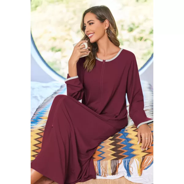 imageEkouaer Women Long House Coat Zipper Front Robes Full Length Nightgowns with Pockets Striped Loungewear S4XLWine Red