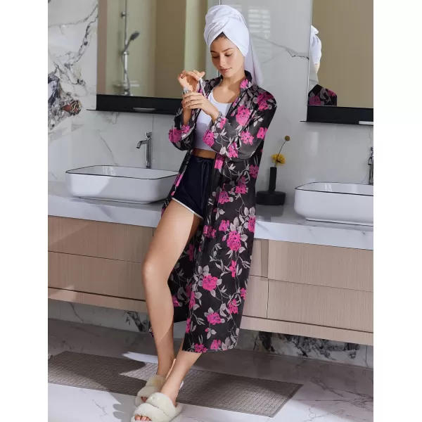 imageEkouaer Women Zipper Robe Long Sleeve House Coats Velour Robes Soft Bathrobe with Pockets Nightgown S3XLBlack Floral Print