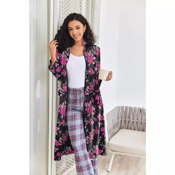 imageEkouaer Women Zipper Robe Long Sleeve House Coats Velour Robes Soft Bathrobe with Pockets Nightgown S3XLBlack Floral Print